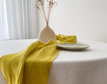 Lightweight Linen Table Runner with Decorative Stitch, Yellow Washed Linen Table Idea, Farmhouse Dining, Minimalist Serving, European Flax
