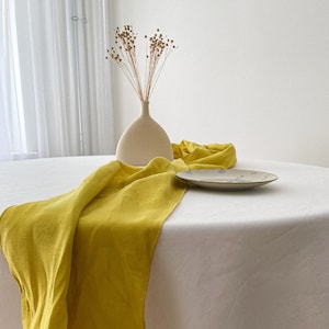 Lightweight Linen Table Runner with Decorative Stitch, Yellow Washed Linen Table Idea, Farmhouse Dining, Minimalist Serving, European Flax