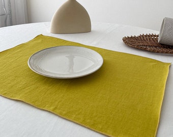 Chartreuse Yellow Linen Placemats Set with Decorative Edge, Double Layer Table Mat, Sustainable Table Decor, Washed Table Linen