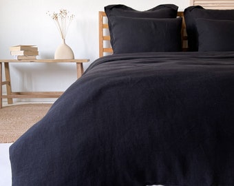 Ropa de cama de lino negro, funda nórdica de lino 100 + 2 fundas de almohada, tallas individual, doble, queen y king