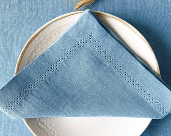 Textured Linen Napkins set in Soft Blue, European Flax Cloth Napkins, With Mitered Corners and Deep Hem, Sustainable Table Decor