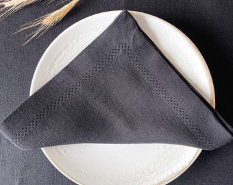 Servilletas de mesa de lino negro con dobladillo y esquinas en inglete, juego de servilletas de tela, diseño minimalista de mesa de lino