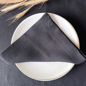 Black Linen Table Napkins with Hemstitch and Mitered Corners, Cloth Napkins Set, Minimalist Linen Table Design image 1