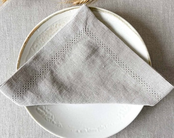Natural Linen Table Napkins with Hemstitch, Linen Cloth Napkins, Washed Linen Table Decor