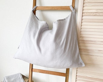 Borsa di lino per lavanderia grigio chiaro, borsa per lavanderia europea di lino, organizzatore di biancheria appesa, cesto di vestiti, sacchetto per biancheria zero rifiuti