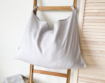 Light Grey Laundry Flax Bag, European Linen Laundry Bag, Hanging Laundry Organizer, Clothes Hamper, Zero Waste Laundry Bag