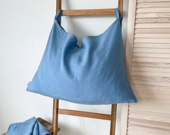 Light Blue Laundry Flax Bag, European Linen Laundry Bag, Hanging Laundry Organizer, Clothes Hamper, Zero Waste Laundry Bag