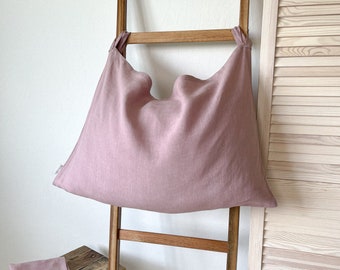 Dusty Rose Hanging Laundry Organizer, Linen Laundry Bag, Natural Clothes Hamper, Washed Linen Bag, European Flax Bag