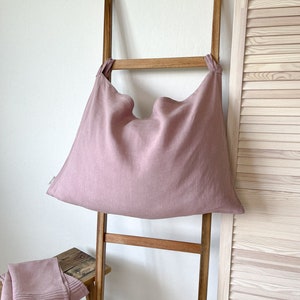 Dusty Rose Hanging Laundry Organizer, Linen Laundry Bag, Natural Clothes Hamper, Washed Linen Bag, European Flax Bag