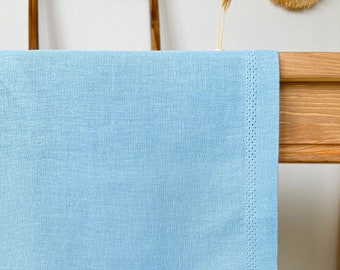Washed Linen Table Runner with Hemstitch in Light Blue Color