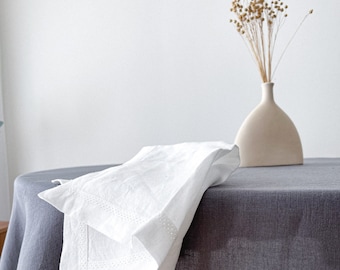 Mantel de lino redondo gris oscuro con vainica, mantelería lavada, decoración de mesa sostenible
