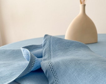 Light Blue Linen Table Cloth, Washed Circle Table Linen with Hemstitch, Sustainable Table Decor
