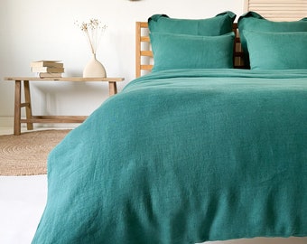 Cubierta de edredón de lino liso en verde oscuro, cubierta de edredón de lino lavado, doble, individual, rey, reina en varios tamaños