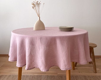 Mantel de lino rosa polvoriento con vainica, decoración minimalista de lino lavado, mantel circular de lino, tamaño personalizado