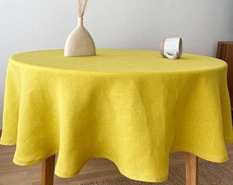 Nappe de table en lin jaune, linge de table rond lavé avec ourlet, décor de table d'été durable