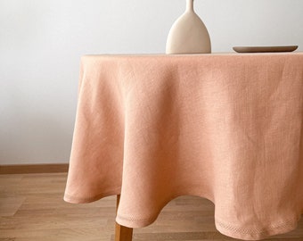 Round Linen Tablecloth in Tan, Soft Circle Table Linen with Hemstitch in Earth Tone, Sustainable Table Decor