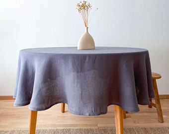 Mantel de lino redondo gris oscuro con vainica, mantelería lavada, decoración de mesa sostenible
