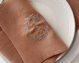 Thankful Linen Napkins, Embroidery Cloth Napkins Set, Earth Tone Linen Table Decor