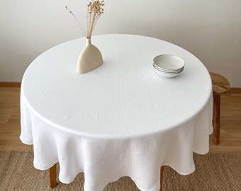 Circle Linen Tischdecke in Weiß, Weiche Circle Tischwäsche mit Hohlsaum, Nachhaltige Tischdekoration, Gewaschene Leinen Hochzeitsidee
