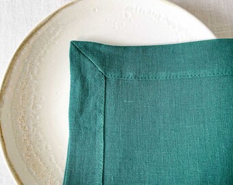 Soft Linen Table Napkins set in Dark Green, Washed Fabric Cloth Napkins, Sustainable Table Decor, 100 Linen Napkins