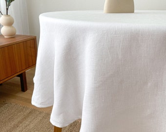 Mantel de lino redondo con dobladillo en blanco, mantel suave circular, cubierta de mesa sostenible, mantel de boda natural