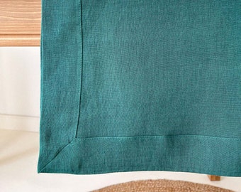 Green Linen Tablecloth with Deep Hem and Mitered Corner, Washed Linen Table Cover, Sustainable Dining Room Decor