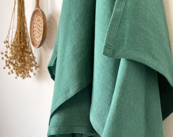 Linen Tea Towel in Dark Green, Washed Linen Kitchen Towel, Sustainable Dish Towel, Boho Kitchen Decor