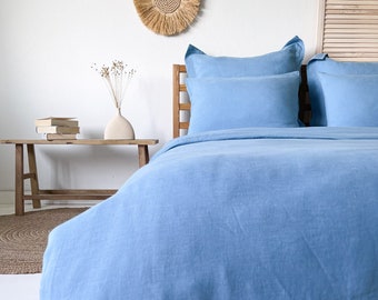 Light Blue Flax Bedding Set, Duvet Cover x1 Pillowcases x2, Washed Bed Linen, 100% European Linen, Twin, Queen, Cal King, Oversize, Custom,