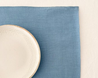 Light Blue Linen Placemats Set with Decorative Edge, Double Layer Table Mat, Sustainable Table Decor, Washed Table Linen, Summer Placemats