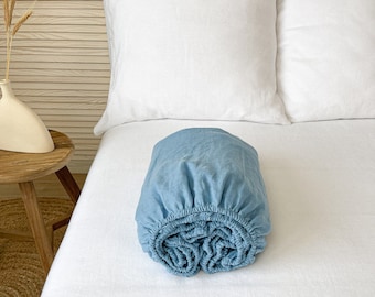 Prewashed Linen Fitted Sheet in Dusty Blue, Sustainable Bedding, Deep Pocket Sheet, Deep Fitted Sheet, Pure Linen Fitted Sheet