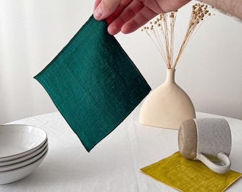 Dark Green Double Layer Linen Coaster Set 2, 4, 6 pcs, Natural Flax Table Linen Décor, Drinkware Home Idea