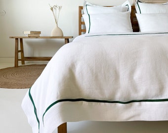 White Bordered Linen Duvet Cover with Green Trim, Linen Bedding with Edge, Oxford Bed Linen