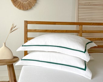 Square Pillow Sham in White with Trim in Forest Green, Linen Bedding, Linen Sham, Sham Pillow Case, Euro Sham, Hotel Bedding, Hotel Sham