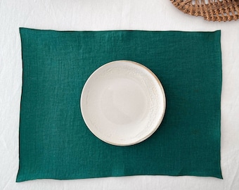 Double Layer Linen Placemats Set with Decorative Edge, Dark Green Table Mat, Sustainable Table Decor, Washed Table Linen