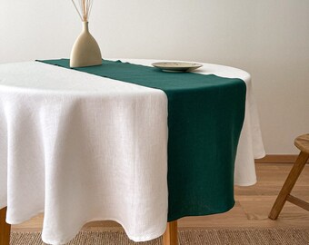 Linen Table Runner with Decorative Stitch, Dark Green Washed Linen Table Decor, Farmhouse Dining, Minimalist Serving Idea, European Flax