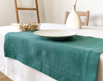 Linen Table Placemats Set in Dark Green, Washable Hemstitch Top Mat, Minimalist Dining Room Decor