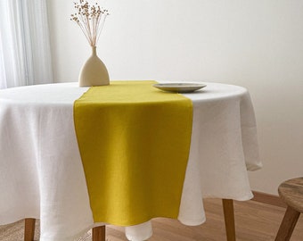 Minimalist Linen Table Runner with Decorative Stitch, Yellow Washed Linen Table Idea, Farmhouse Dining, Minimalist Serving, European Flax