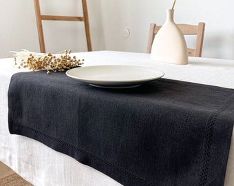 Black Hemstitched Linen Table Placemats, Organic Placemats set, Reusable Placemats, Dinner Flax Placemats, Mitered Corners Placemats