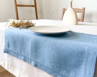 Hemstitched Light Blue Linen Placemats, European Linen Placemats set, Dinner Placemats, Reusable Placemats