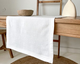 Hemstitch Table Runner in Off White, Country Table Runner, Summer Table Runner, Linen Table Runner, Vintage Table Runner, Dining Table