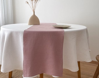 Dusty Pink Linen Table Runner with Decorative Stitch, Washed Linen Table Idea, Farmhouse Dining, Minimalist Serving Runner, European Flax