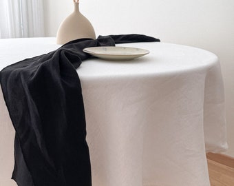 Black Linen Table Runner with Decorative Stitch, Washed Linen Table Decor, Farmhouse Dining Style, Minimalist Serving Idea, European Flax