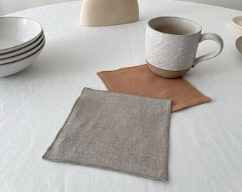 Washed Linen Coaster Set in Beige Color, Natural Flax Table Linen Décor, Drinkware Home Idea