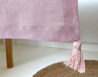 Washed Linen Table Runner with Handmade Tassels in Dusty Pink, Timeless Piece of Interior Décor