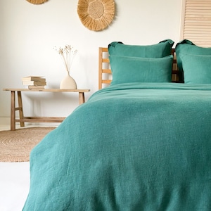 Washed Linen Duvet Cover set, Emerald Green Flax Bedding, Twin, King, Queen, Double