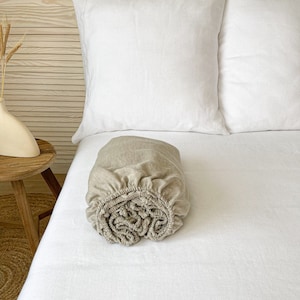 Sábana de lino natural con elástico, Ropa de cama de granja, Sábana ajustable de lino, Sábana ajustable de avena, Sábana ajustable Twin XL, Sábana entallada profunda