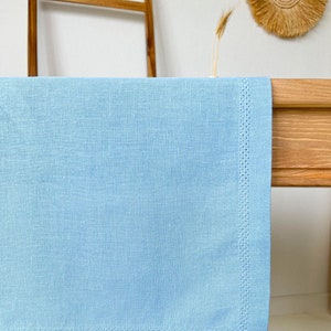 Washed Linen Table Runner with Hemstitch in Light Blue Color