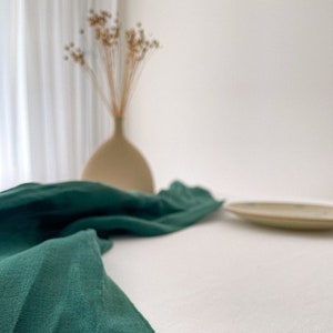Dark Green Linen Table Runner with Decorative Stitch, Washed Linen Table Decor, Farmhouse Dining, Minimalist Serving Idea, European Flax
