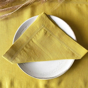 Linen Napkins with Hemstitch in Chartreuse, Washed Table Linen Decor set of 2, 4, 6 pcs Cloth Napkins