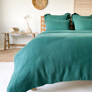 Smooth Linen Duvet Cover in Dark Green, Washed Linen Quilt Cover, Twin, Single, King, Queen in Various Sizes